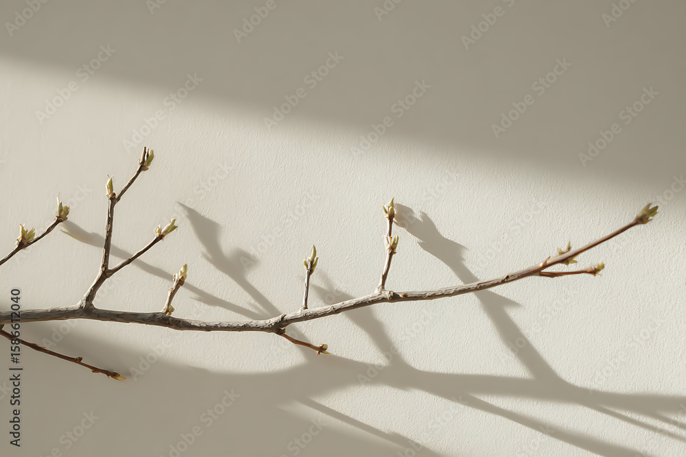 Poster delicate tree branch with emerging buds and soft shadows on a neutral wall reflecting growth and new