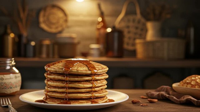 Stack Fluffy Pancakes With Syrup With Spotlight Center Frame Heritage Food Presentation Boho Style Kitchen