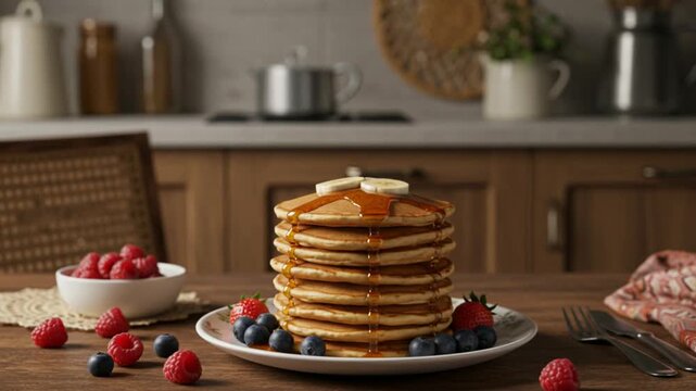 Stack Fluffy Pancakes With Syrup With Spotlight Center Frame Heritage Food Presentation Boho Style Kitchen