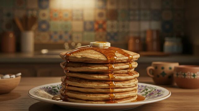 Stack Fluffy Pancakes With Syrup With Spotlight Center Frame Heritage Food Presentation Boho Style Kitchen
