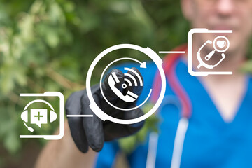 Doctor using virtual touch screen push handset icon symbolizing: medicine call. Medical health care...