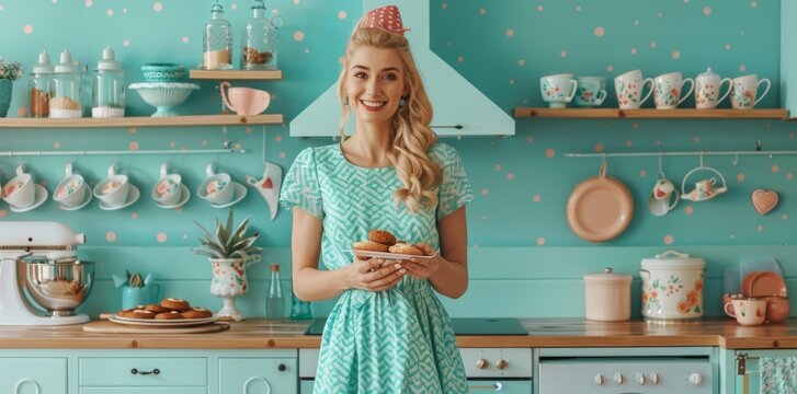 Stylish Retro Redhead Woman in Vintage Kitchen Setting