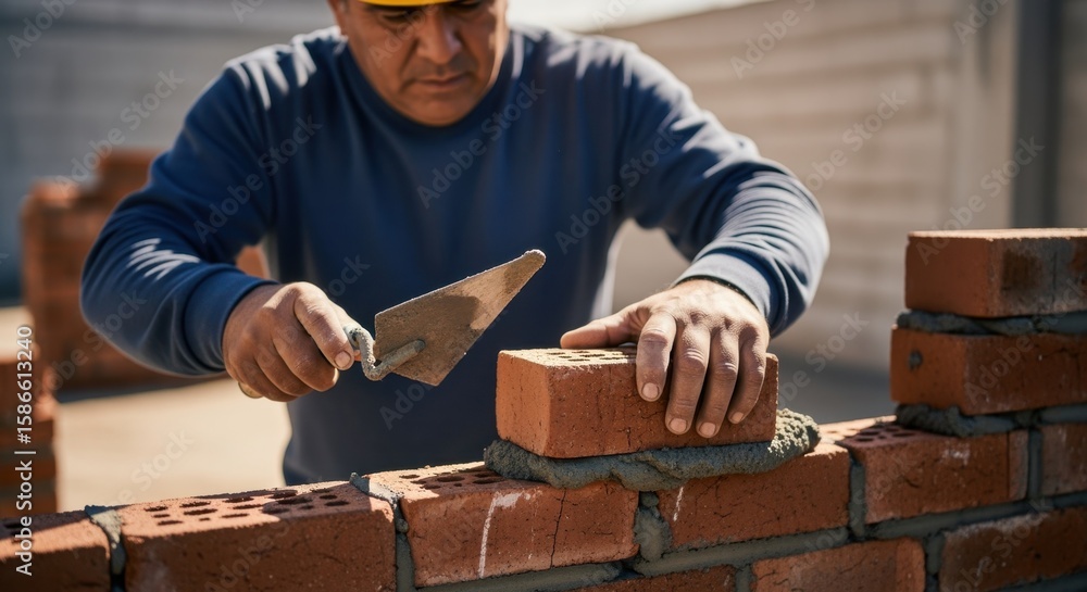 Poster professional builder placing bricks with precision on a wall, applying cement to create a strong and