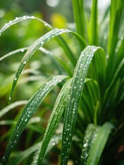 Obraz premium Dewy tropical leaves in garden; fresh vibrant nature