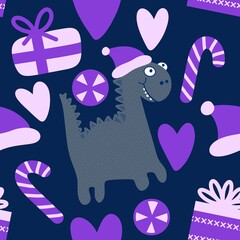 Christmas tree seamless dragon and gift box and balls and penguin pattern for wrapping paper and fabrics