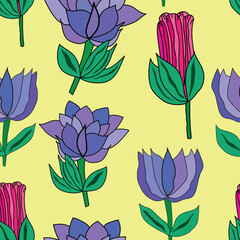 pink buds with purple flowers on yellow background seamless pattern. Pink, purple colored flowers on yellow background seamless pattern. It is good for tiles, fabric, textile, wrapping, background.