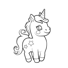 Cute smiling Unicorn outline illustration. Vector illustration for coloring book, coloring page