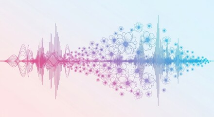 Sound wave graphic with blooming flowers in pink purple and blue gradient audio music
