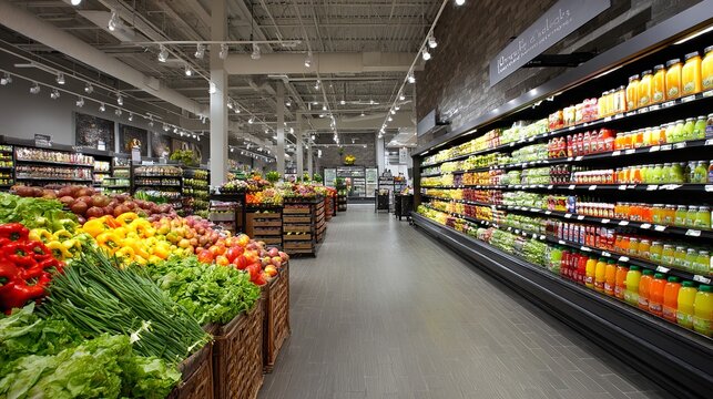 Fresh produce aisle teeming with vibrant colors and inviting aromas in a brightly lit grocery store setting.