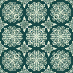 Floral lace seamless pattern on green background. Mandala oriental ornament. Traditional, ethnic, motifs. Vector design for printing on fabric or paper. Hand drawn background.