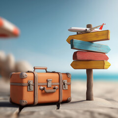 a suitcase, a directional signpost with popular travel destinations, and an airplane soaring in the sky. Perfect for illustrating vacation planning, tourism campaigns, flight booking, global adventure