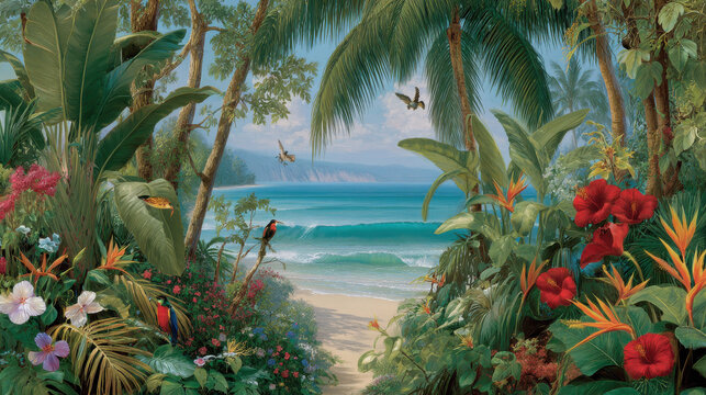 vibrant hawaiian vibe filled with lush tropical flora and rich fauna captures essence of paradise