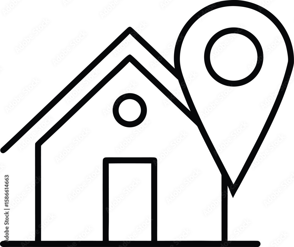 Poster simple line art house icon with a location pin symbol isolated on transparent background