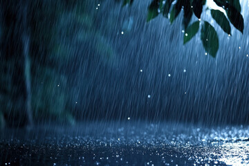 A heavy downpour soaks the earth under moonlight, with silhouetted leaves swaying in the foreground
