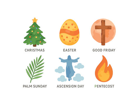 Illustrated symbols of christian holidays: christmas, easter, good friday, palm sunday, ascension day, pentecost