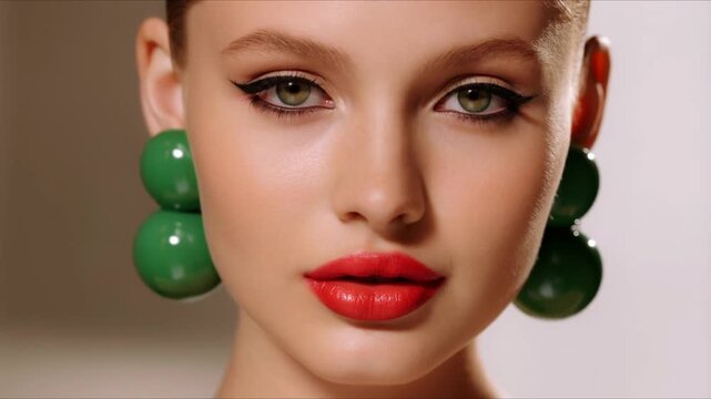 Video portrait close-up of a beautiful young woman with fair skin. She has green eyes with black eyeliner "cat's eye" and plump lips with red lipstick. In her ears are large green ball earrings