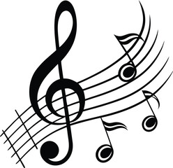 Curved Treble Clef with Flowing Music Notes Silhouette.