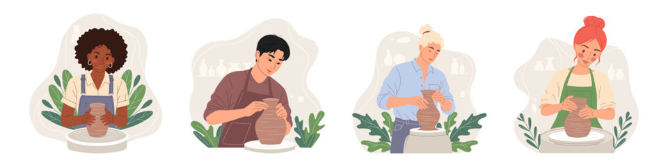 Set of diverse young people of various nationalities, ethnicities creating pottery on wheels. Ideal for promoting hobby, art class, workshop and creative communities. Modern flat vector illustration.