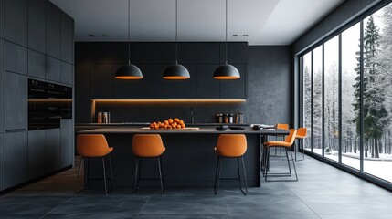 A modern kitchen with sleek gray cabinetry and a large window looking to winter scenery