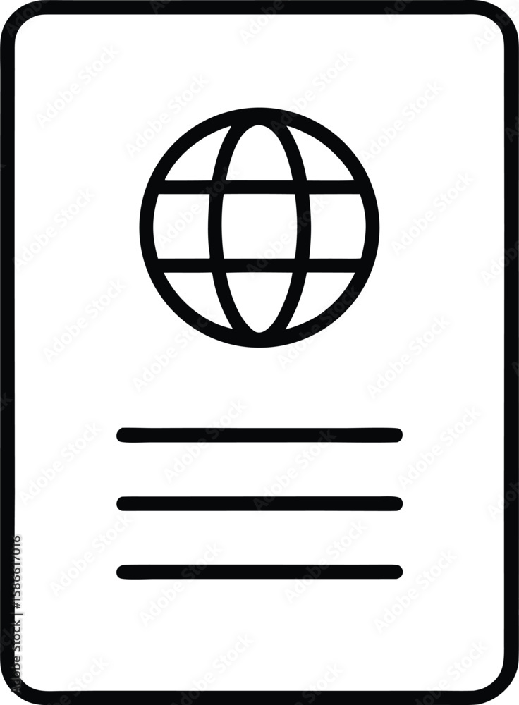 Poster simple line icon of an open passport with a red visa stamp mark isolated on transparent background