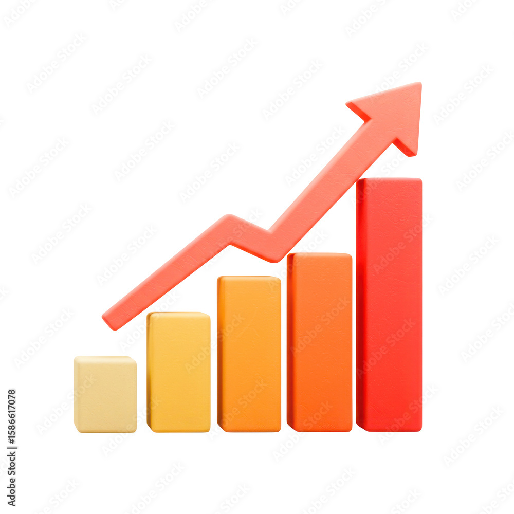 Poster 3d bar chart with upward trend arrow showing growth and progress isolated on transparent background