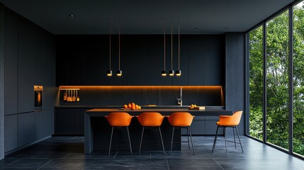 Modern minimalist kitchen with dark cabinets, orange accents, and large windows to nature