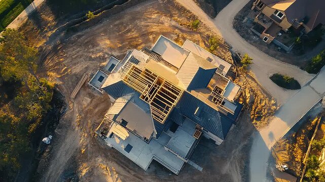 Aerial view of house under construction with visible foundation and framework
