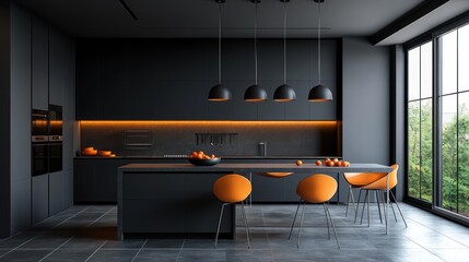 Modern kitchen with dark gray cabinets and orange accents with large windows