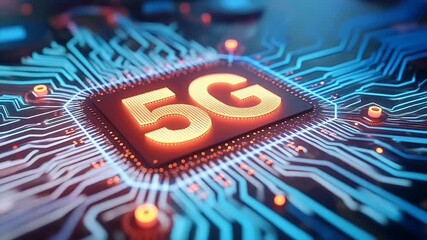 A high resolution 4K animation zooming glowing digital circuit board featuring central “5G” inscription surrounded animated data connections ideal showcasing innovations wireless communication next - Powered by Adobe