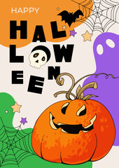 halloween pumpkin , vertical  poster, cover, banner, card, background, hand drawn, character, skull, bat, moon, creative vector illustration
