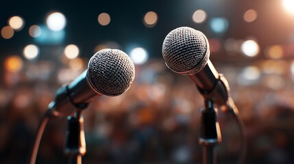 Close-up of Two Microphones on Stage with Blurred Audience,stage,concert
