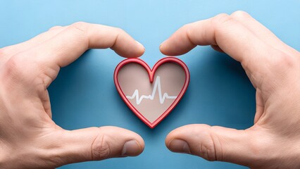 Fototapeta premium Hands Framing a Red Heart with Pulse Line. Symbol of Health Protection and Emotional Support