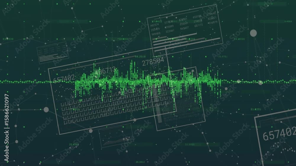 Poster floating particles activating green waveform pulsing and boxes forming around signal for monitoring