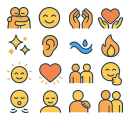 Emotional giving icon collection. simple emotional symbols, hands, heart, smiley, hug icons