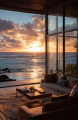Fototapeta premium Sunset view from modern home with ocean vista