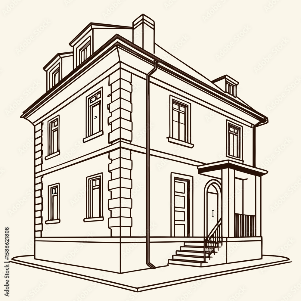 Poster line drawing of a three story building with dormers and a small porch with stairs and railing