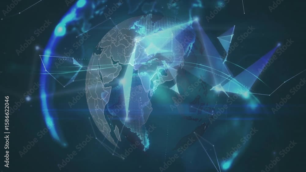 Poster glowing polygons appearing, lines drifting, aligning into rotating 3d globe showing global network