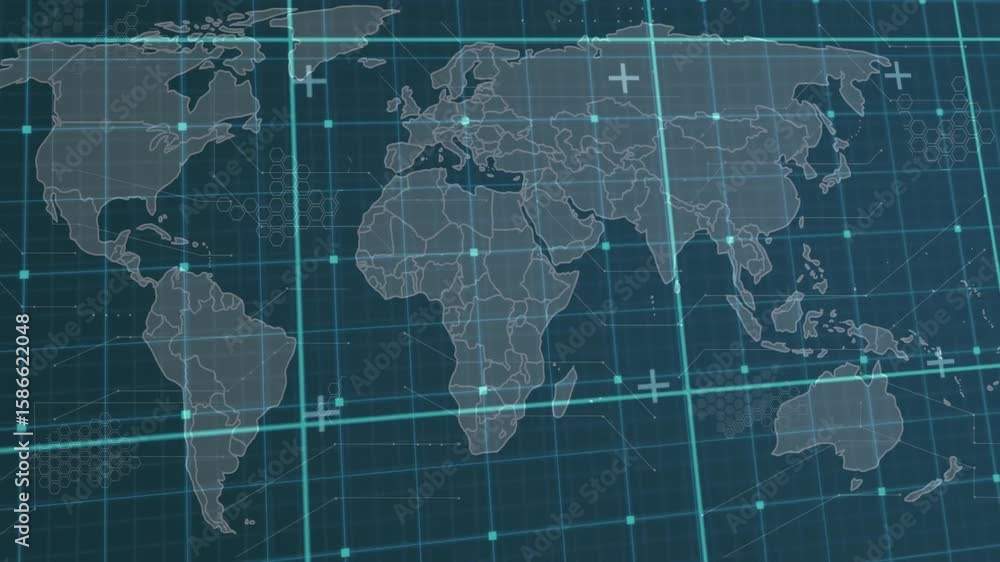 Poster upon activation scan lines gliding over semi-transparent world map lighting nodes for data update