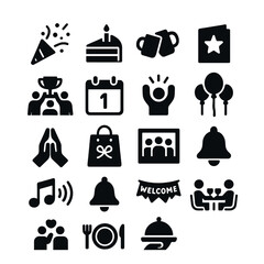 Office celebration icon collection. simple office party, cake, trophy, calendar, balloons