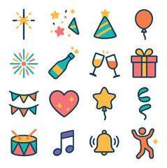 Celebration icon collection: vibrant party, balloon, gift, star, music, bell,