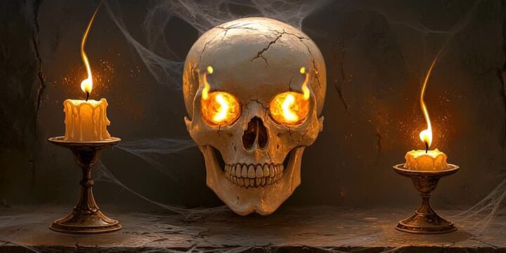 A skull with flaming eyes flanked by candles - a spooky halloween background animation with an evil storybook theme- firey glowing eyes on skeleton, cobwebs.