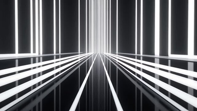 A symmetrical 4K animation black white neon stripes approaching from opposite directions converging center creating energetic digital stream effect perfect transitions overlays minimal tech video