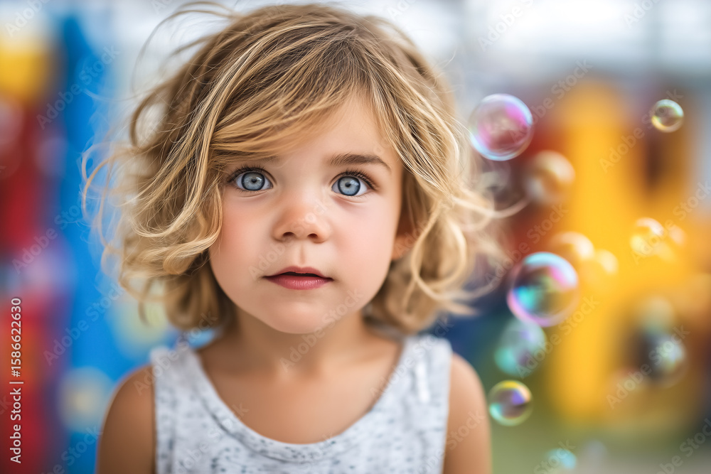 Poster child gazes at camera with curious expression while bubbles float around. brightly colored playgroun