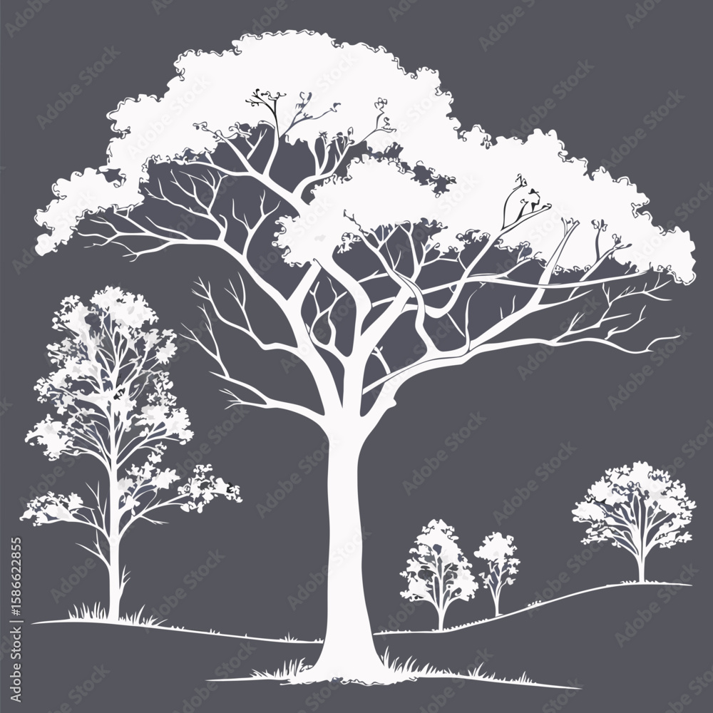 Poster silhouette of large white tree with smaller trees on a grey background in a vector illustration styl