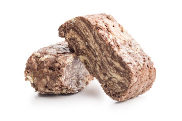 Halva with cocoa. Sweet oriental dessert isolated on white background.