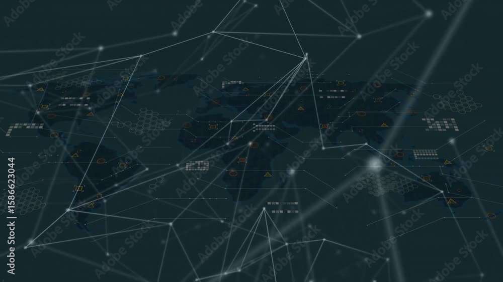 Poster dark teal initiating network emerging over map with glowing nodes pulsing to visualize data flow