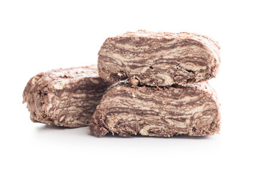 Halva with cocoa. Sweet oriental dessert isolated on white background.