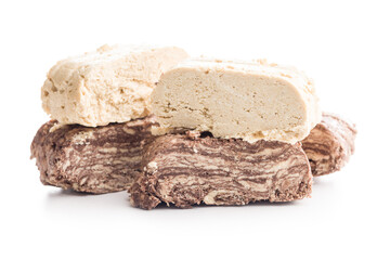 Halva with cocoa. Sweet oriental dessert isolated on white background.