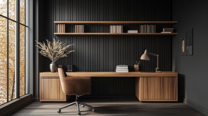 Warm, modern office space with a wooden desk, chair, and natural light from a window