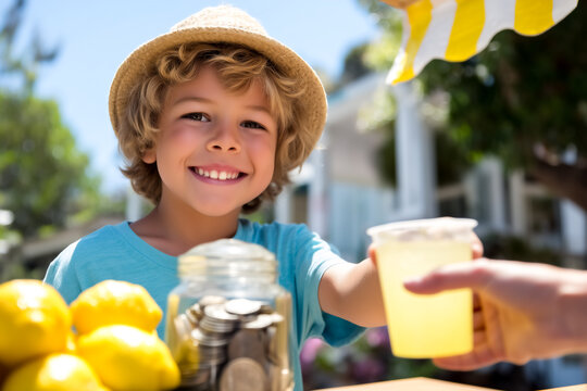 Boy offers cup of lemonade with cheerful smile at brightly lit outdoor stand. Fresh lemons and coins visible in the background. Concept of entrepreneurship, summer activities, and children's business